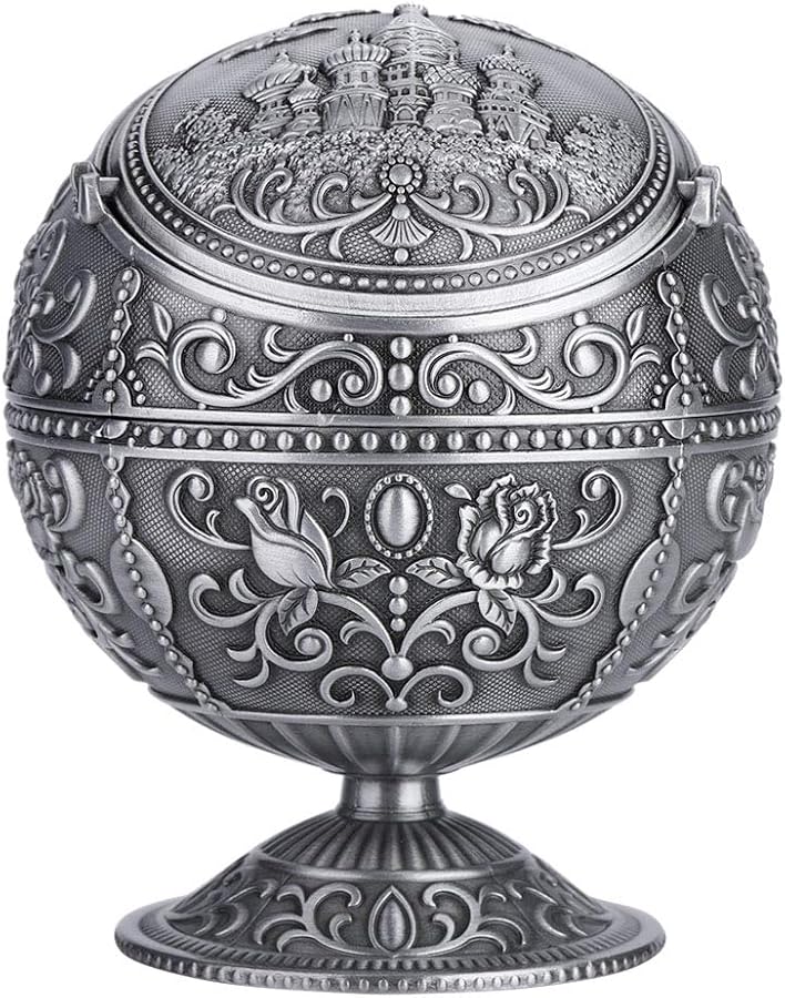 صحن رماد معدني مقاوم للرياح كلاسيكي مع غطاء، علبة قصدير محمولة، بلون القلعة، نمط دائري كروي، هدية - Image 1